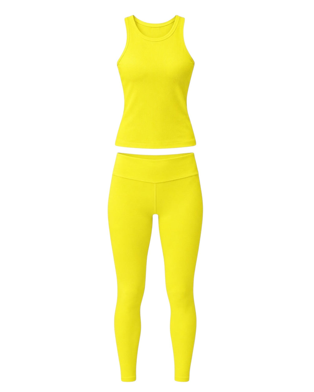Phural bright yellow ribbed tank top and high-compression leggings set with side pockets for performance wear.