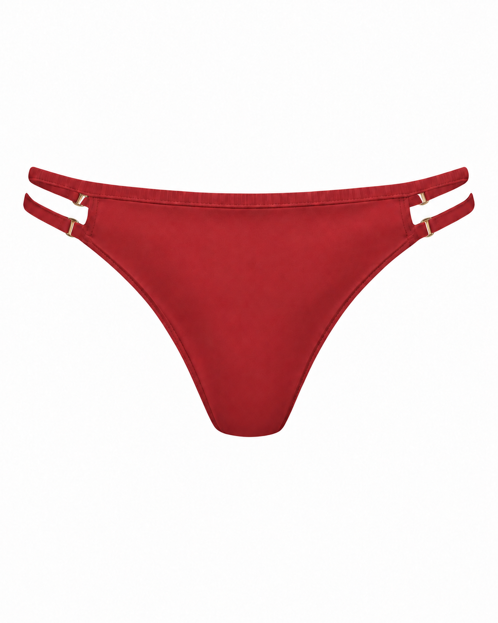 Front view of Rouge Noir Thanks For The Space Bikini Bottoms with adjustable double side straps and gold-tone hardware.