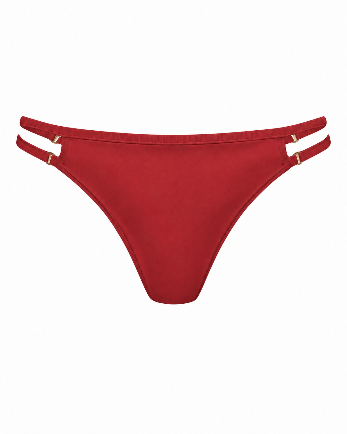 Front view of Rouge Noir Thanks For The Space Bikini Bottoms with adjustable double side straps and gold-tone hardware.