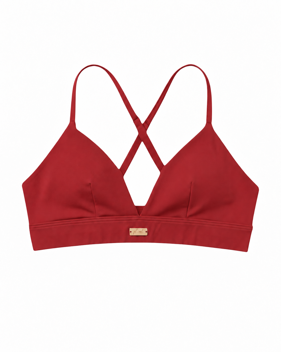 Front view of Phural's Cardio To Cabana Bra-kini in Rouge Noir, with a V-neckline and small gold-tone plaque.