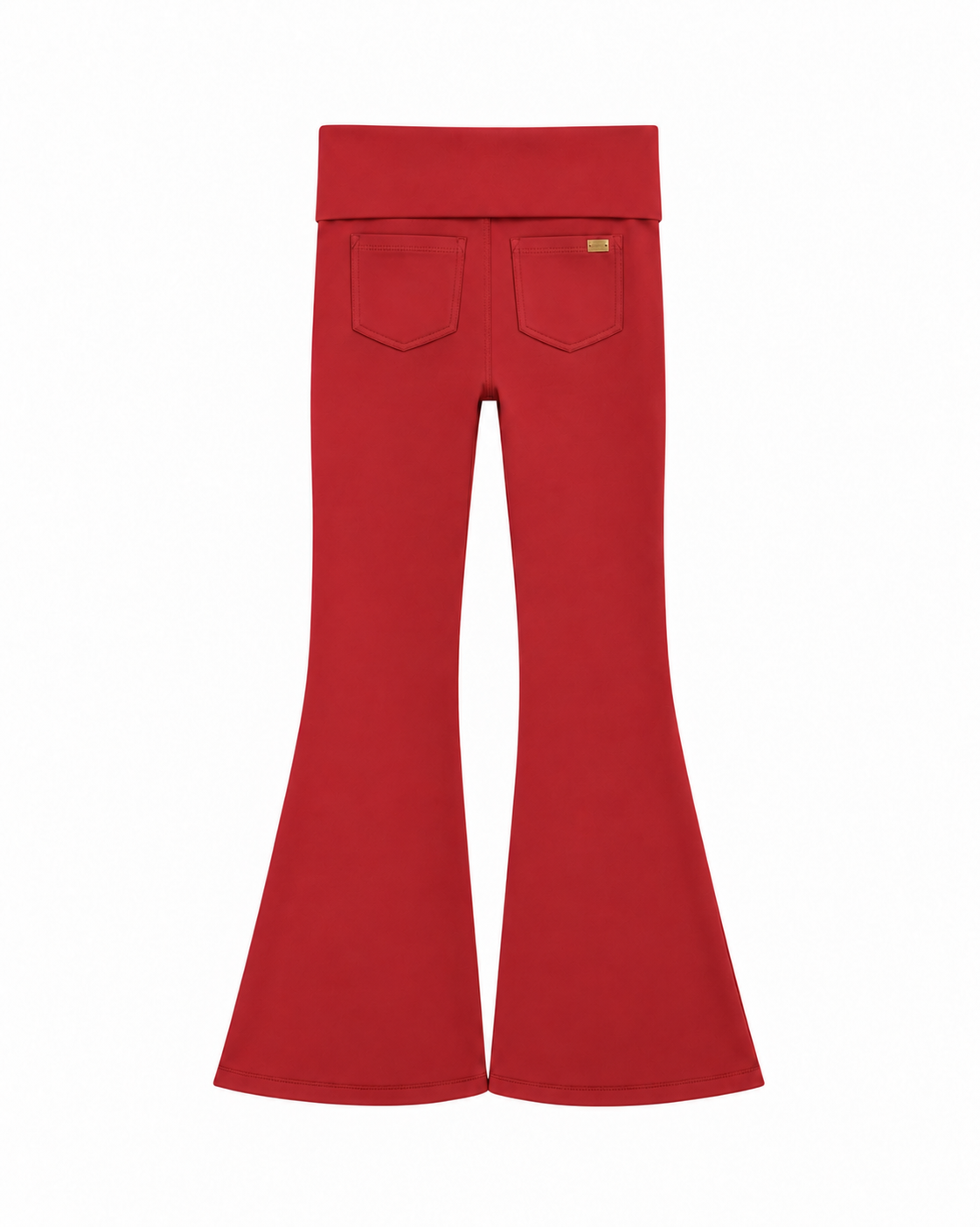 Rouge Noir She Did It Anyway Flares displayed from the back with a folded waistband, rear pockets and wide flared legs.
