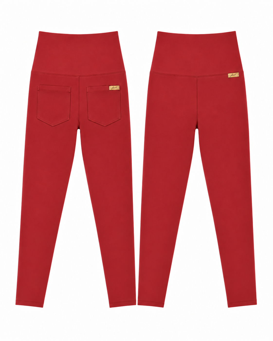 Rouge Noir Made For More leggings shown side by side, including a view with two patch pockets and small gold-tone Phural tags.