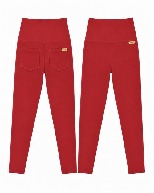 Rouge Noir Made For More leggings shown side by side, including a view with two patch pockets and small gold-tone Phural tags.