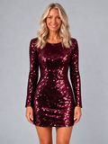 She Arrived Merlot burgundy sequin mini dress on Phural's blonde model, front view, with long sleeves.