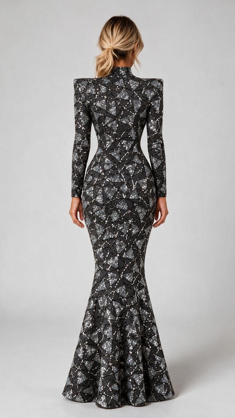 “And She Was” black and silver sequin gown, back view on a gray background
