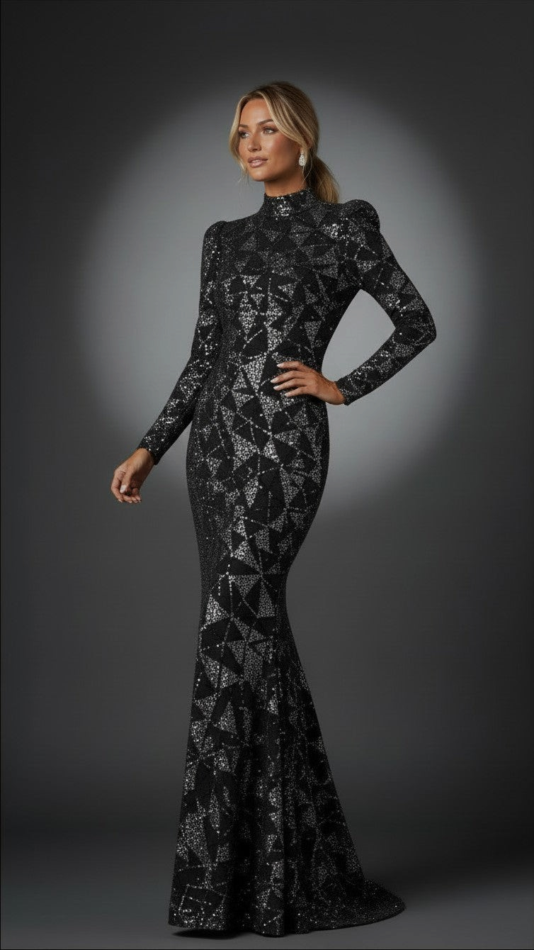 “And She Was” custom sequin gown, front angled pose 1