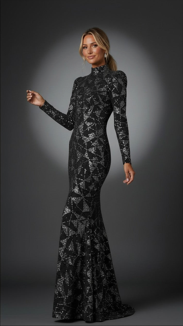 “And She Was” custom sequin gown, front angled pose 2