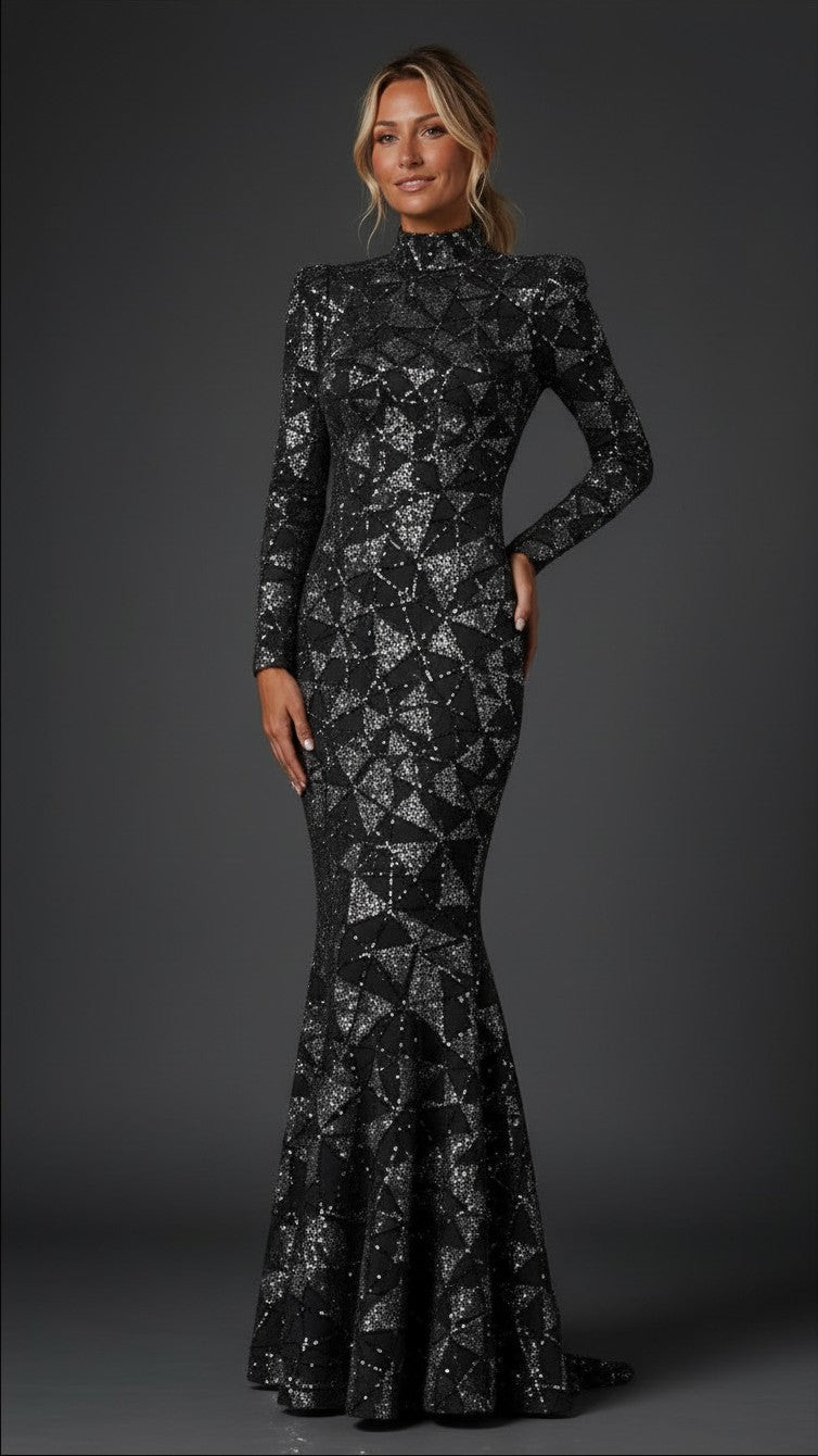“And She Was” custom sequin gown, front angled pose 3