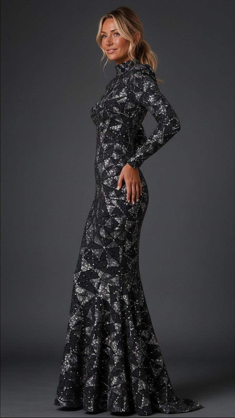 “And She Was” custom sequin gown, side view