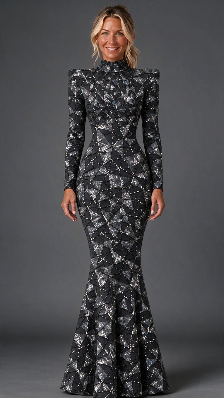 “And She Was” custom sequin gown, full-length front view